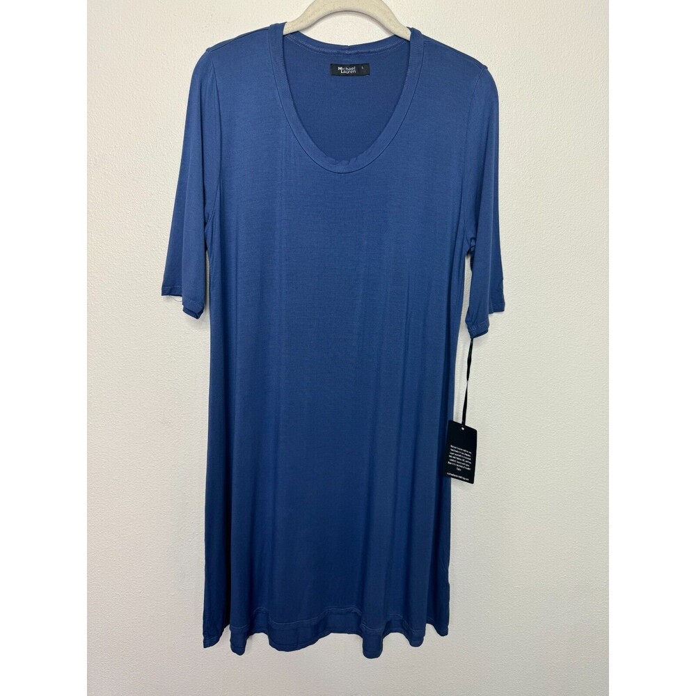 Michael Lauren Large Mini Shirt Dress Blue Scoop Neck Short Sleeve Stretch New